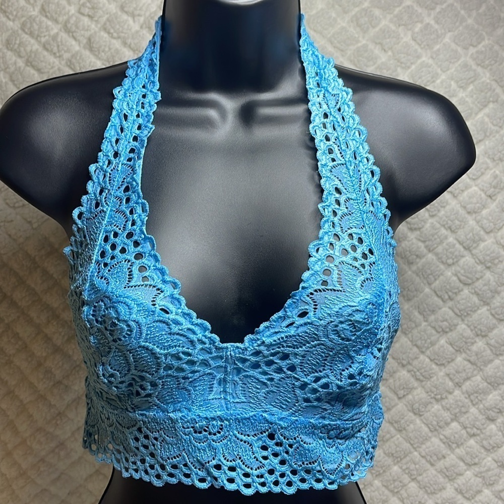 Aerie turquoise blue with lace detail halter bralette. Super comfortable!